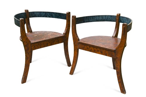 Lot 227 - A pair of late 19th or early 20th century Norwegian painted three legged armchairs