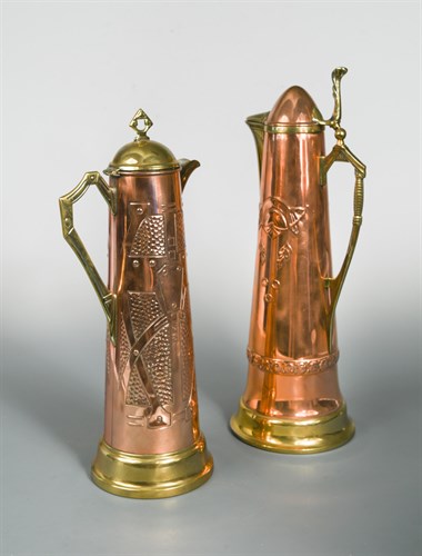 Lot 191 - Two continental Art Nouveau brass and copper Jugendstil style lidded ewers