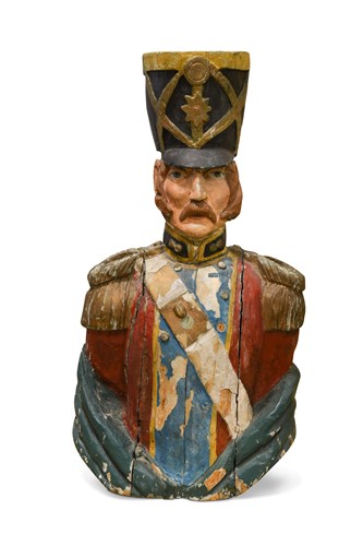 Lot 365 - A highly decorative life-size half carved wood polychrome painted bust of a Napoleonic officer