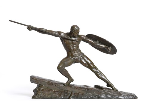 Lot 127 - Pierre Le Faguays (French, 1892-1962), an Art Deco green patinated bronze sculpture of a semi-nude warrior