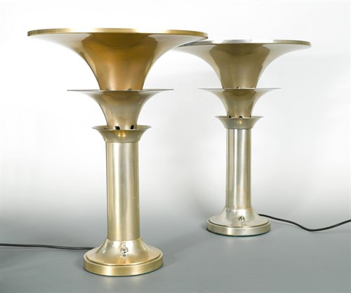 Lot 212 - A pair of 20th Century silvered trumpet-form electric table lamps