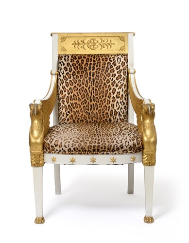 Lot 263 - A pair of mid-20th Century Empire style white-painted and parcel gilt fauteuils
