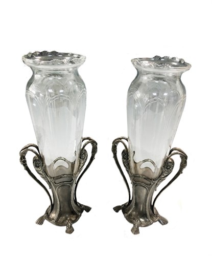 Lot 192 - A pair of WMF pewter two-handled vases