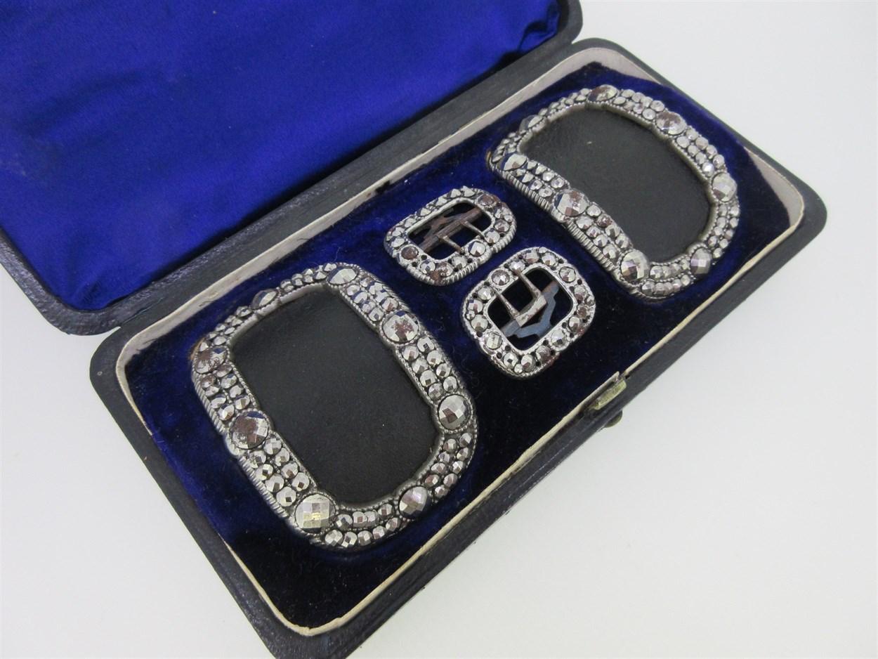 Lot 252 - A cased set of four Georgian steel and marcasite buckles for shoes and knee breeches