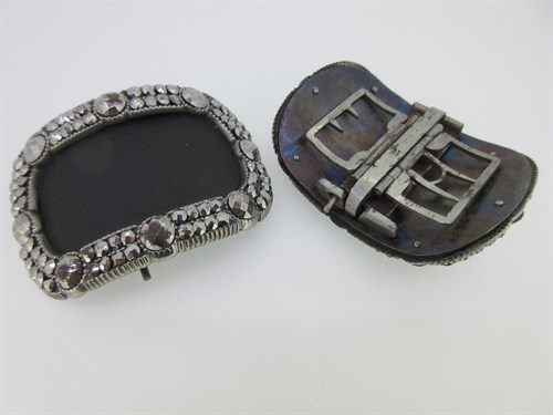 Lot 252 - A cased set of four Georgian steel and marcasite buckles for shoes and knee breeches