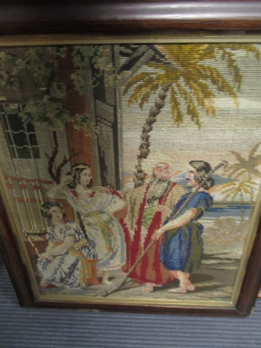 Lot 306 - Three needlework pictures and a butterfly tray