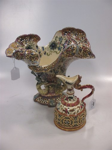 Lot 32 - A Fischer vase and Zsolnay ewer