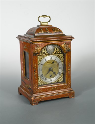 Lot 425 - John Ellicott, London, a mid-18th century red lacquer and chinoiserie decorated bracket timepiece of small proportions