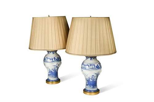 Lot 355 - A pair of 20th century Japanese blue and white baluster vases fitted as table lamps