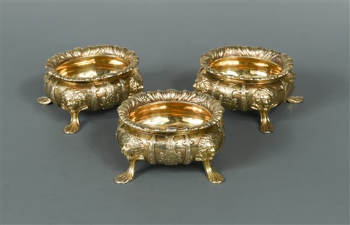 Lot 700 - Dublin - A set of three George II silver gilt cauldron salts