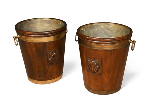 Lot 494 - A pair of modern George III style brass bound mahogany peat buckets