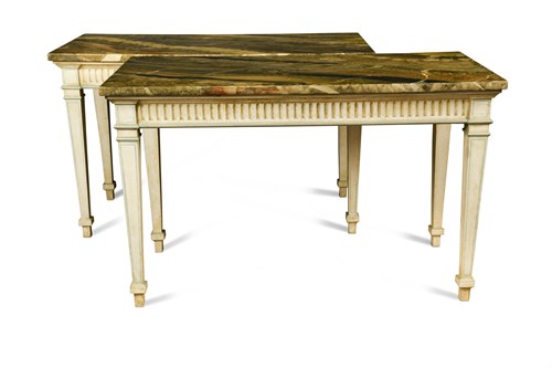 Lot 610 - A pair of George III style painted and faux marble side tables