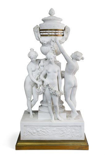 Lot 435 - A French bisque porcelain Three Graces mantel clock