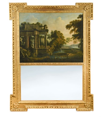 Lot 586 - An 18th century and later Trumeau mirror inset with a capriccio landscape