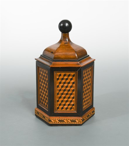 Lot 381 - A 19th century Tunbridge Ware hexagonal caddy