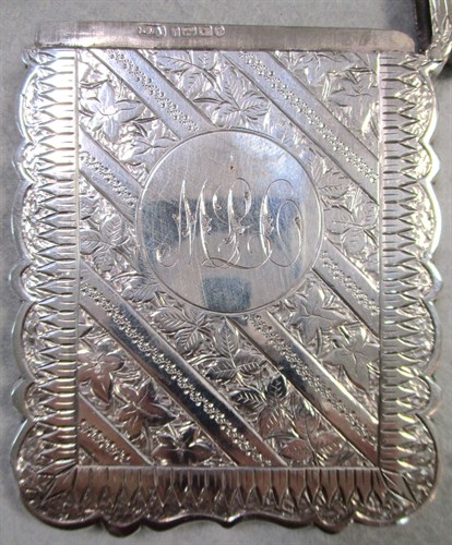 Lot 353 - A Victorian silver card case, together with a pair of 20th century silver decanter labels