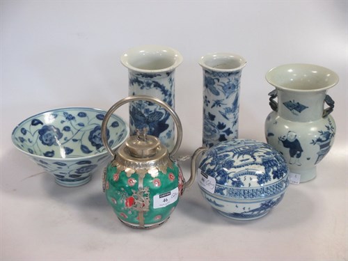 Lot 46 - Two Chinese blue and white porcelain cylinder...