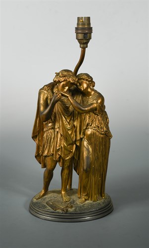 Lot 377 - After Louis Charles Janson, (French, 1823-1881), a gilt bronze model of lovers mounted as a lamp