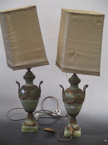 Lot 465 - A pair of gilt mounted onyx table lamps