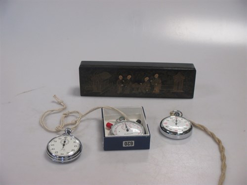 Lot 171 - Three stopwatches and a Chinese lacquer pen box
