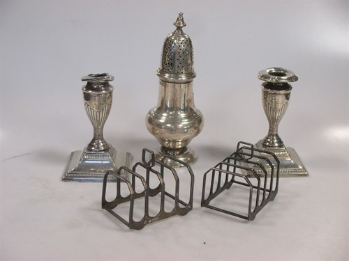 Lot 201 - A Georgian style silver caster (dented), 2...