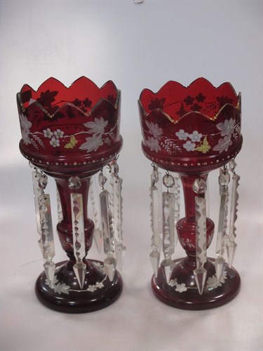 Lot 90 - A pair of Victorian ruby glass lustres,...