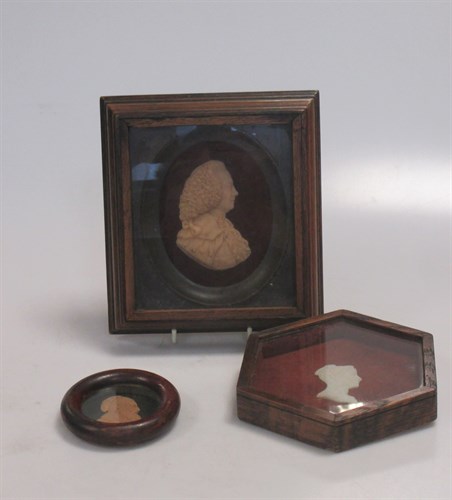 Lot 119 - Two wax portraits and a carved classical...