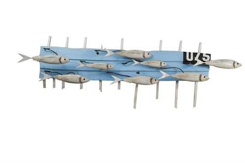 Lot 157 - Max Tannahill, (Irish, 20th/21st century) Eight Fish on Boat, a polychrome painted wood relief