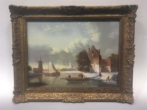 Lot 250 - M Alexander, Dutch canal scene with a rowing...