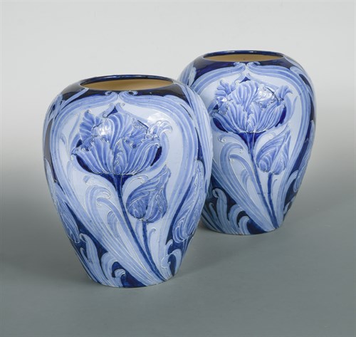 Lot 40 - A large pair of early Moorcroft Florian Ware Tulip pattern vases, circa 1900