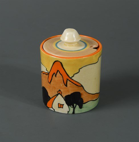 Lot 77 - A Clarice Cliff Bizarre 'Mountain' pattern preserve pot and cover