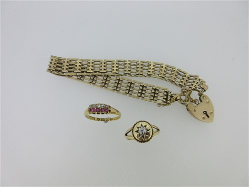 Lot 167 - Two antique diamond set rings and a 9ct gold gate link bracelet with padlock clasp