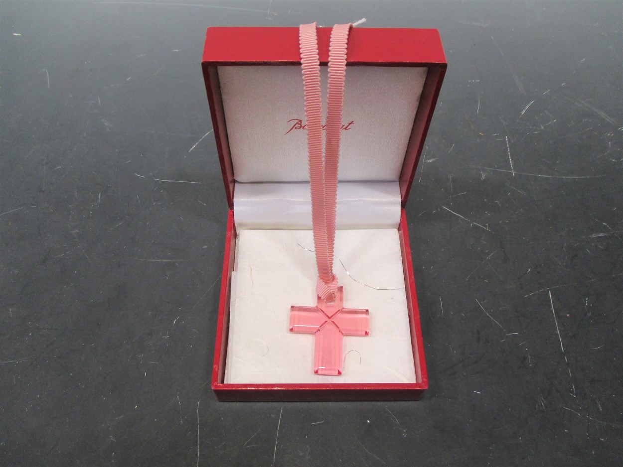 Lot 154 - Baccarat: a pink crystal glass pendant cross...