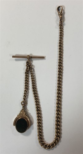 Lot 424 - A Victorian 9ct rose gold Albert watch chain, with hardstone swivel fob