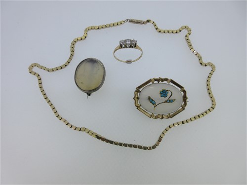Lot 148 - A turquoise and chalcedony forget-me-not brooch together with a brooch, a ring and a chain
