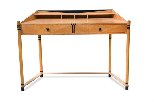 Lot 322 - Masterly, Italy, a contemporary birds eye maple writing desk and two chairs
