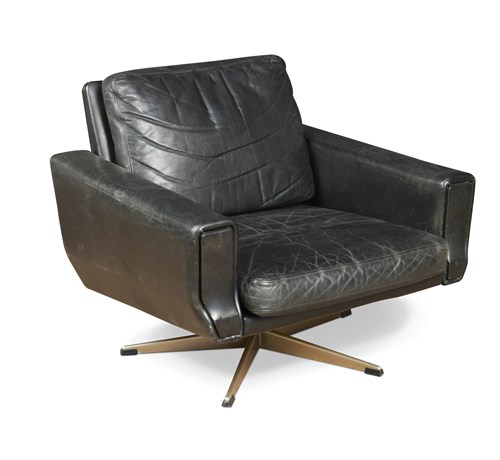 Lot 296 - A mid-20th century black leather swivel lounge chair