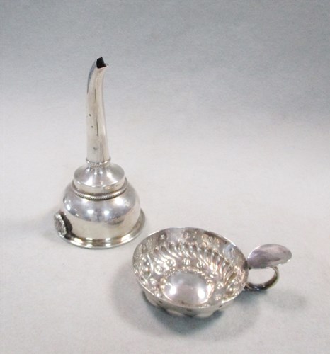 Lot 665 - A George V silver tastevin by Liberty & Co, , together with a modern silver wine funnel