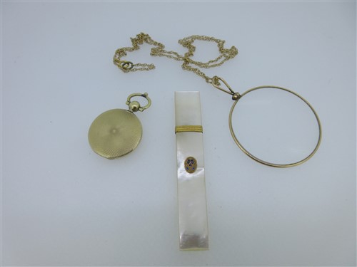 Lot 44 - A little group of antique requisites including a mother-of-pearl needle case with enamel pansy