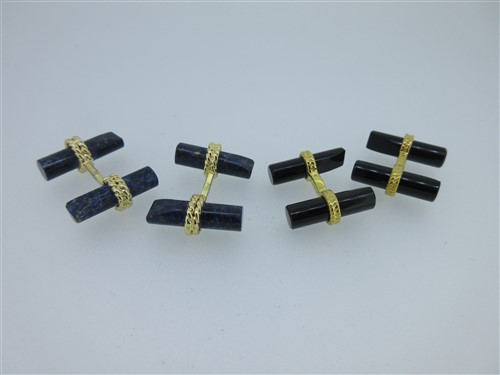 Lot 165 - A pair of lapis lazuli double-ended baton cufflinks and a similar pair of onyx set ones