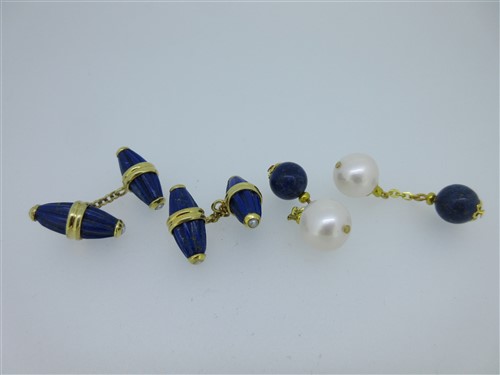 Lot 66 - A pair of lapis lazuli and seed pearl cufflinks and a pair of cultured pearl and lapis cufflinks