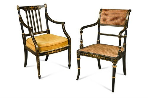 Lot 569 - A Regency ebonised and parcel gilt open armchair with cane seat and back