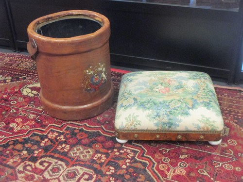 Lot 632 - A Victorian walnut footstool and a leather...
