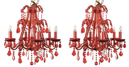 Lot 168 - A pair of six branch red glass chandeliers