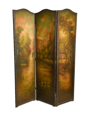 Lot 166 - A three-fold painted leather screen