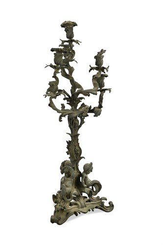 Lot 6 - A late 19th century patinated bronze six-branch candelabra