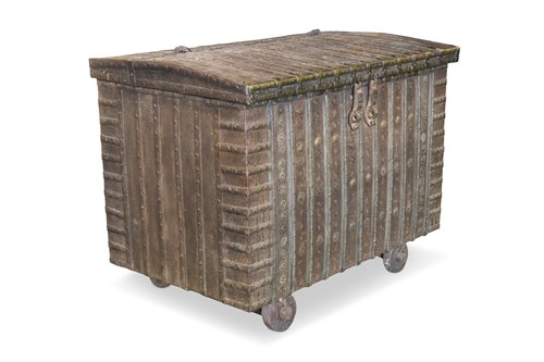Lot 84 - A large late 19th century Indian brass bound and studded leather clad dowry chest