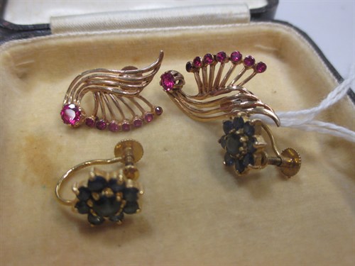 Lot 363 - Two pairs of 9ct gold and gemset screwback...