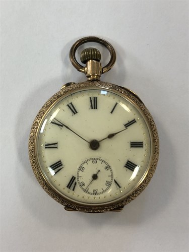 Lot 451 - Unsigned - A lady's Swiss 14ct gold open faced pocket watch with enamelled reverse