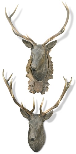Lot 298 - A near pair of Swiss (Brienz) carved wood stag's heads